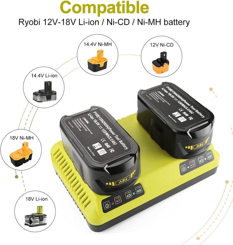 energup 2Port P117 Replace Charger for Ryobi 18V Battery P117 P118 for 18V Max Lithium NiCad P100 P102 P103 P105 P107 P108 Dual Chemistry 12V-18V for Ryobi Battery Charger - Image 3